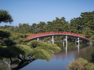 緑に囲まれた朱色の太鼓橋。「参進の儀」のように、この橋を花嫁行列で歩く演出も可能