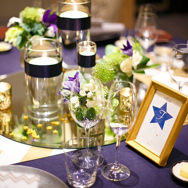テーブル装花 装飾 ウェルカムスペース 結婚式 シック ネイビー ゴールド-
