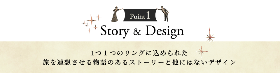 Point1  Story & Design 1つ１つのリングに込められた旅を連想させる物語のあるストーリーと他にはないデザイン