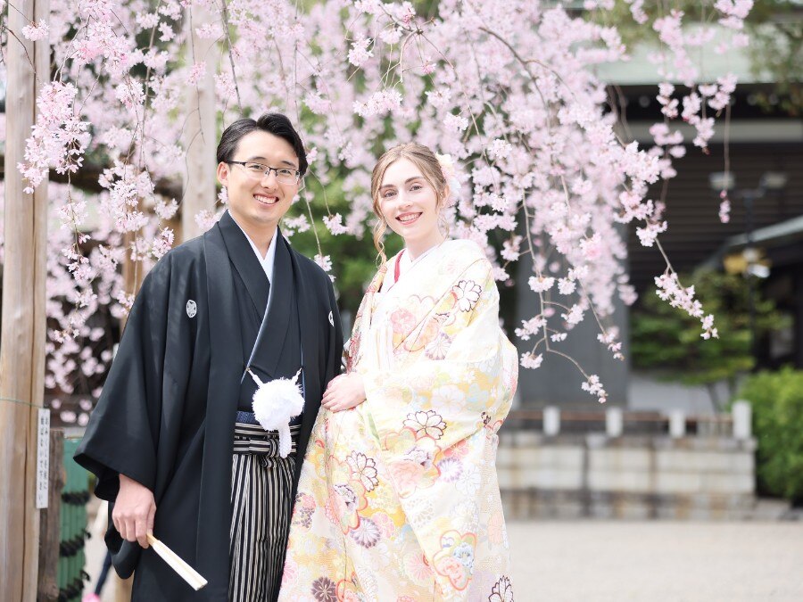 神社境内の満開のしだれ桜の下、日本の四季「春」を感じる境内スナップ撮影