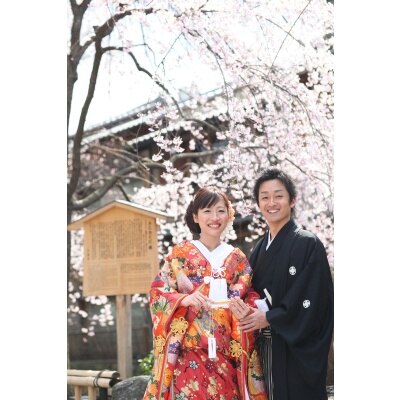 満開の桜が咲きほこる情景。春に祝福されるかのような柔らかな日差しに笑顔も輝きそう<br>【ドレス・和装・その他】京情緒を楽しむロケーションフォト