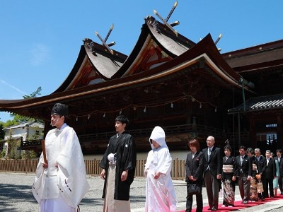 白無垢で境内を練り歩く参進から始まる一日。伝統の神殿式ならではの感動をふたりに