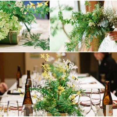 ー　コーディネート　ー

ブーケや会場装花もすべてグリーンで統一
テーブル上装花の器は 料亭の雰囲気にあわわせて竹の器に
無造作に束ねられたブーケはとってもナチュラルな印象になります