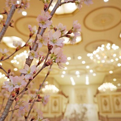天井が高いから、ゲストテーブルに桜を咲かせるコーディネートもおすすめ！<br>【披露宴】【フルール】リアルウエディングフォトギャラリー