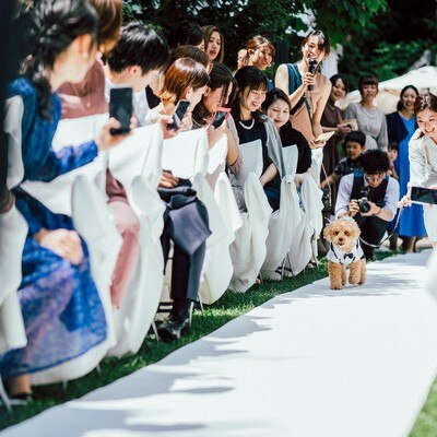 緑の芝生の上に設けられたバージンロード。愛犬の参加がかなうのも、ガーデンならでは<br>【挙式】ガーデン挙式【～120名】