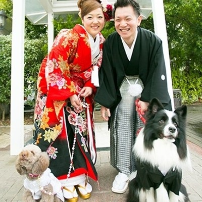 和装での前撮りの際は、家族である犬たちも一緒に撮影しました。