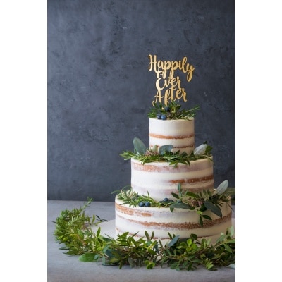 グリーンを飾ったシックな雰囲気のケーキは、ナチュラルな装飾のパーティにピッタリ！<br>【料理・ケーキ】ウエディングケーキ