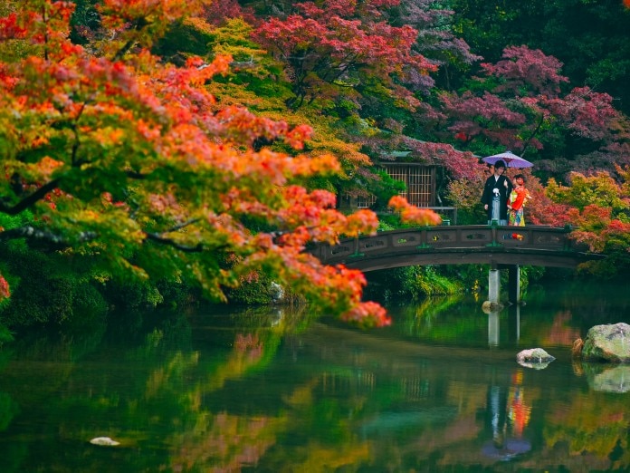 日本庭園での前撮りは紅葉の季節に人気。二人の和装がよく映えます。<br>【ウエディングドレス・和装・その他】＜前撮り＞チャペルでの撮影やロケーションフォトも