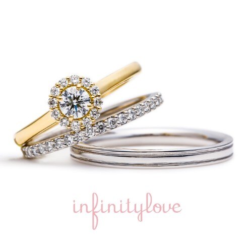 ひまわりモチーフの結婚指輪と婚約指輪のセットリング・サンフラワー・インフィニティラブ