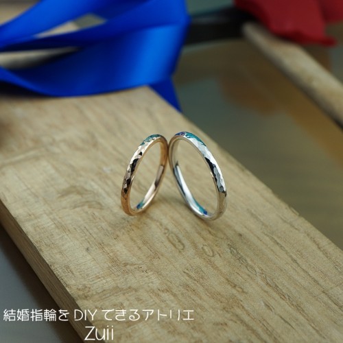 【手作り結婚指輪】K18PG/Pt甲丸槌目リング