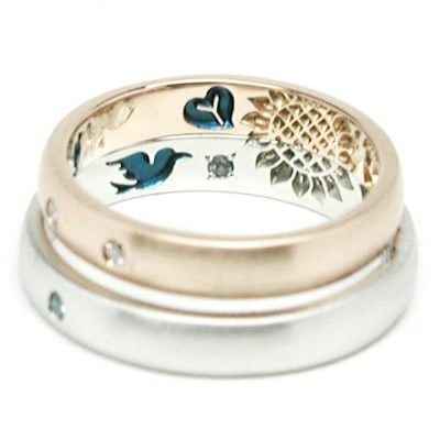 『ひまわりと青い鳥』お好きなモチーフを刻印したオーダーメイドの結婚指輪