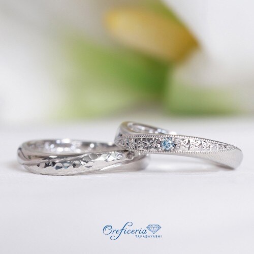  【手作り結婚指輪】 勿忘草をイメージしたブルーダイヤモンド