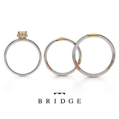 イエローゴールドとプラチナのオシャレでかわいい婚約指輪と個性的でシンプルなデザインの結婚指輪